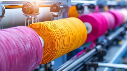 Modern textile manufacturing equipment with vibrant colored thread spools in operation
