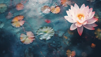 Beautiful Lotus Flower in a Serene Pond from Above with Water Lilies on a Dark Canvas Texture Background