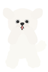 手を口に当てて目を丸くして驚いている白いモコモコの犬のイラスト　ビションフリーゼ　トイプードル　マルチーズ