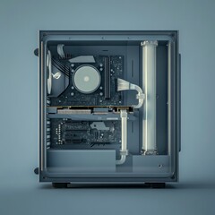 Open computer case showcasing internal components, motherboard, cooling system, and wiring.
