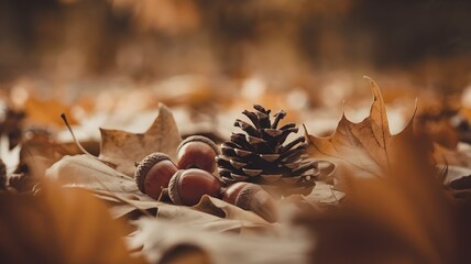 Close-up of acorns and a pinecone resting on a soft bed of fallen leaves. A gentle autumn breeze shifts the surrounding golden leaves slightly.