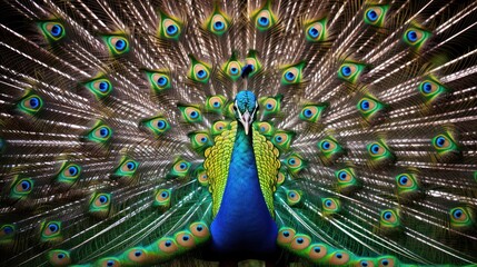 Obraz premium Beautiful Male Peacock With Vibrant Colorful Gorgeous Feathers In A Minimalistic Clean Environment