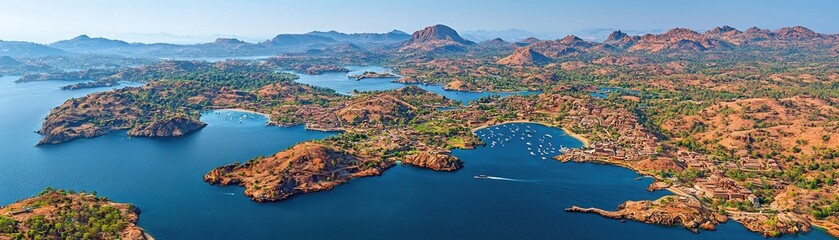 Aerial panorama shot of lake and islands with boats; use as travel brochure