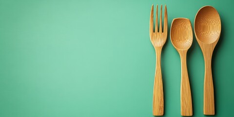 Wooden utensils including fork and spoons arranged on a green surface for kitchen settings or dining experiences