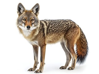 Obraz premium A majestic coyote stands alert against a pure white background showcasing its striking fur and intense gaze.
