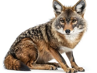 Obraz premium A majestic coyote sits alertly against a pure white background showcasing its detailed fur and intense gaze.