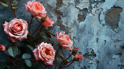 Beautiful Minimalistic Old Gray Wall Background with Pink Little Roses Flowers Illustration