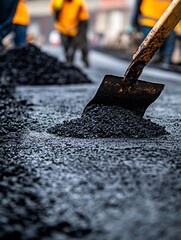 Road workers spreading fresh asphalt with shovel during road construction
