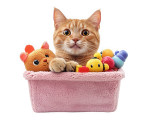 cat with funny expression sitting in toy box surrounded by colorful toys, creating playful and whimsical scene