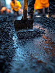 Construction workers laying fresh asphalt with shovel on road