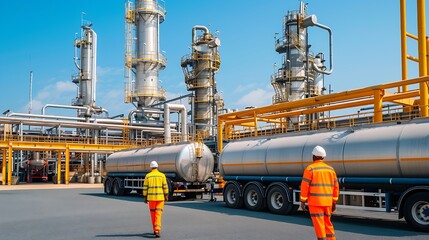 Industrial Oil Refinery Landscape with Workers and Fuel Transport Trucks