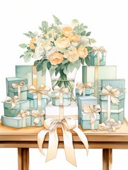 Beautiful Minimalistic Watercolor Wedding Favors Display with Personalized Gifts for Guests