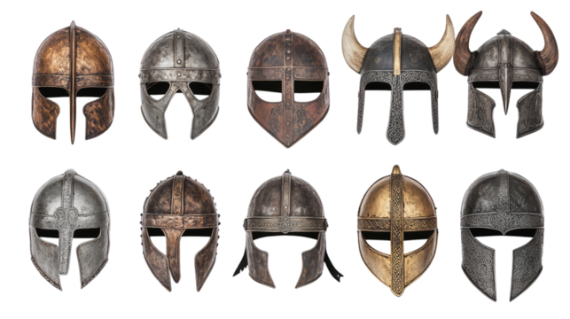 Collection of ancient viking and medieval helmets with intricate designs