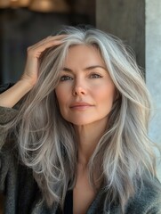 Beautiful mature woman touching gray hair with hand