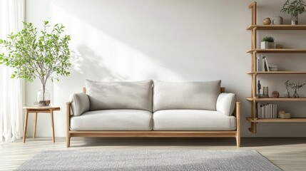 Serene modern living room. Light gray sofa anchors the space with a white wall backdrop and warm wood accents. A calming, minimalist design