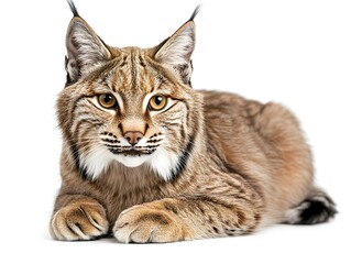 A majestic Eurasian lynx lies down gracefully on a pure white background showcasing its striking fur and captivating gaze.