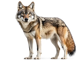 Fototapeta premium A majestic gray wolf stands alert against a pure white background showcasing its detailed fur and powerful stance.