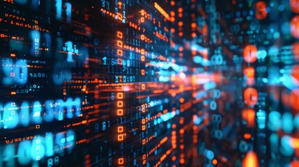 Abstract depiction of flowing digital data streams with glowing numerals and shapes, demonstrating information technology and data processing in cyberspace