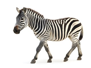 Fototapeta premium A majestic plains zebra strides confidently across a pristine white background showcasing its distinctive black and white stripes in exquisite detail.