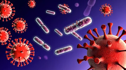 A medical illustration of red virus particles and rod-shaped bacteria floating in a purple space, symbolizing infection, disease, and microbiology. The concept healthcare, medicine, and antibiotics. - Powered by Adobe