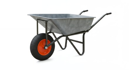 Metal Wheelbarrow with Orange Rim Ready for Gardening or Construction