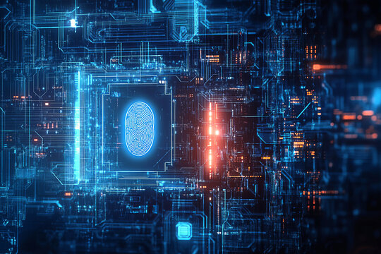 biometric fingerprint scanner in high tech server room with blue and red lights