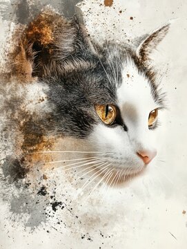 Abstract feline portrait with splattered paint effect showcasing graceful whiskers and focused eyes, animalistic art with a creative touch