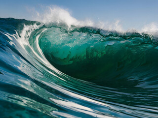 Oceanic Majesty: A stunning close-up captures the raw power and beauty of a crystal-clear ocean wave, its turquoise depths illuminated by the sun, a mesmerizing display of aquatic grace.