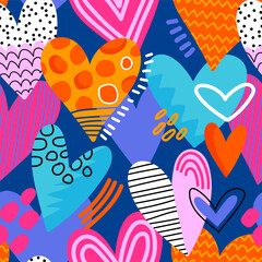 Abstract seamless chaotic pattern with colorful hearts.  Cool funny background. Wallpaper for girl.