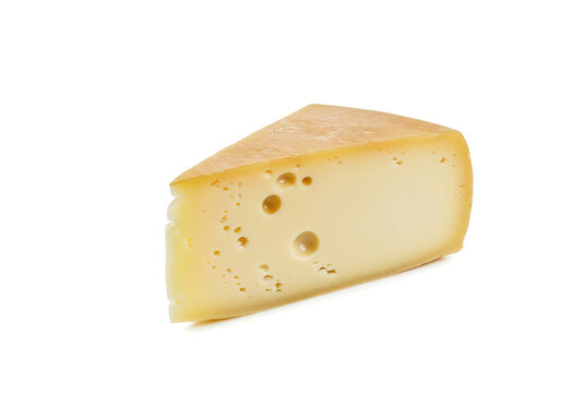 A wedge of Appenzeller cheese with a firm texture and a smooth, slightly creamy surface. Isolated on a white background. - Powered by Adobe