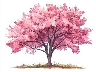 Naklejka premium Beautiful Watercolor Illustration of Blooming Flowers and Trees in a Serene Forest Landscape with a Side View on a White Background