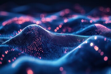 Vibrant Digital Waves with Glowing Particles at Night