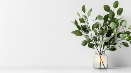 A glass jar with a plant inside sits on a white surface.