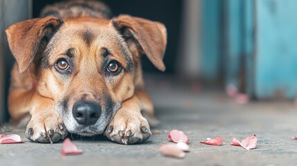 Thoughtful Brown Dog Relaxing with Petal Accents in a Calm Indoor Space