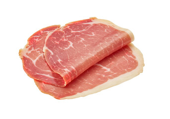 A slice of Prosciutto Crudo showcasing its rich, marbled texture and deep red color. Isolated on a white background.