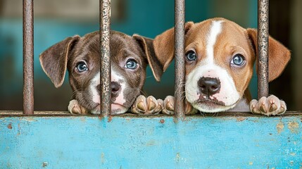 Adorable puppies looking through bars in a shelter, waiting for forever homes and love