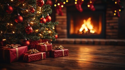 Christmas tree with presents near fireplace.