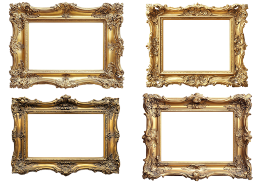 Collection of Four Ornate Gold Picture Frames isolated with Transparent Background
