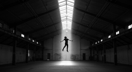 Levitating Figure in Empty Warehouse