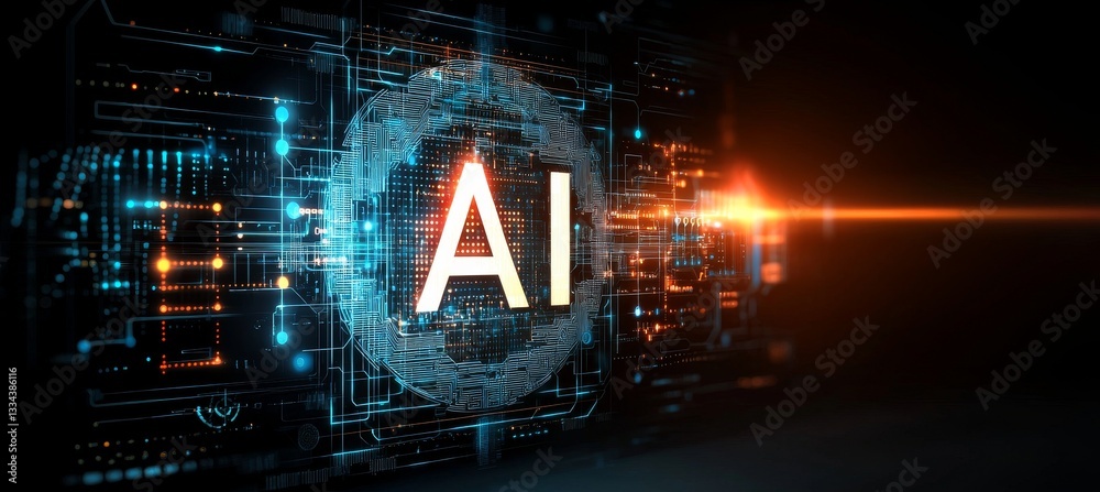 Poster ai text displayed on a microchip, with vibrant light radiating in a powerful beam, ai concept featur