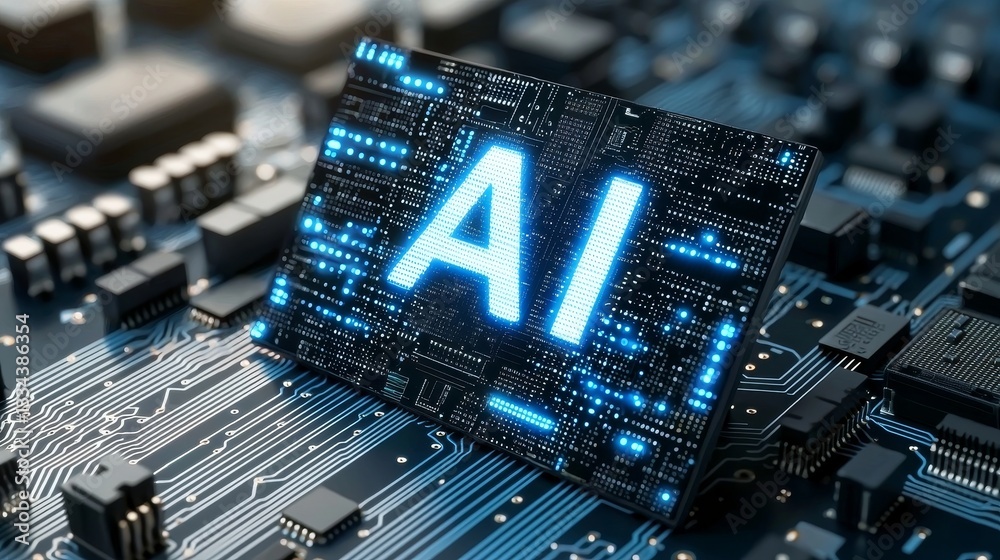Poster a motherboard labeled with ai, showcasing ai technology, featuring a chip ic on a pcb, a pcb circuit