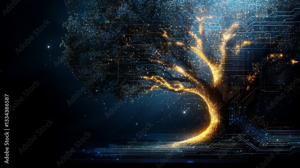 Poster A luminous digital tree with illuminated branches and roots.