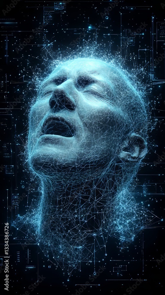 Aufkleber A digital mind represented by an abstract face breaking apart into data points.