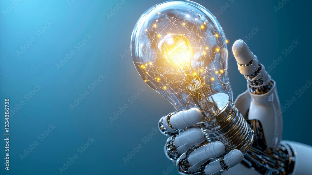 Leinwandbilder A robotic hand grasps a luminous light bulb symbolizing innovation and technology against a blue backdrop with a network pattern.