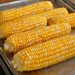 Fresh Sweet Corn on the Cob Displayed on Metal Tray Ready for Cooking with Golden Yellow Kernels