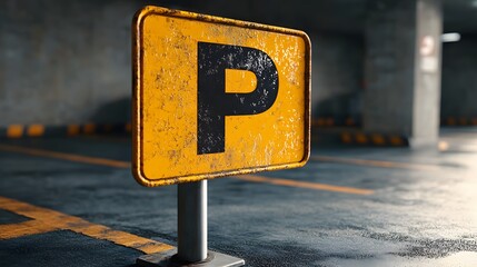 Yellow parking sign with a large "P" on a silver pole stands against a clean background, offering a minimalist urban design with a soft shadow.