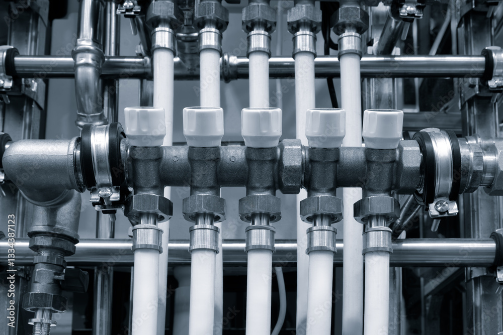 Poster a series of pipes are connected to each other. the pipes are white and silver. concept of order and 