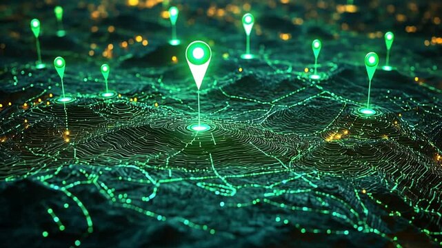 Abstract Digital Map with Glowing Location Markers