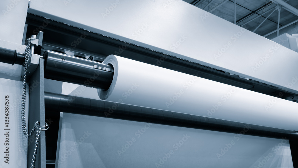 Fototapete A roll of white fabric is being made in a factory. rolls are stacked on top of each other, and  process is automated. Concept of efficiency and precision