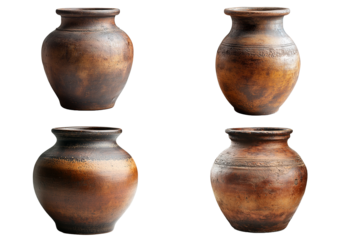 Collection of four rustic brown clay pots isolated on white background